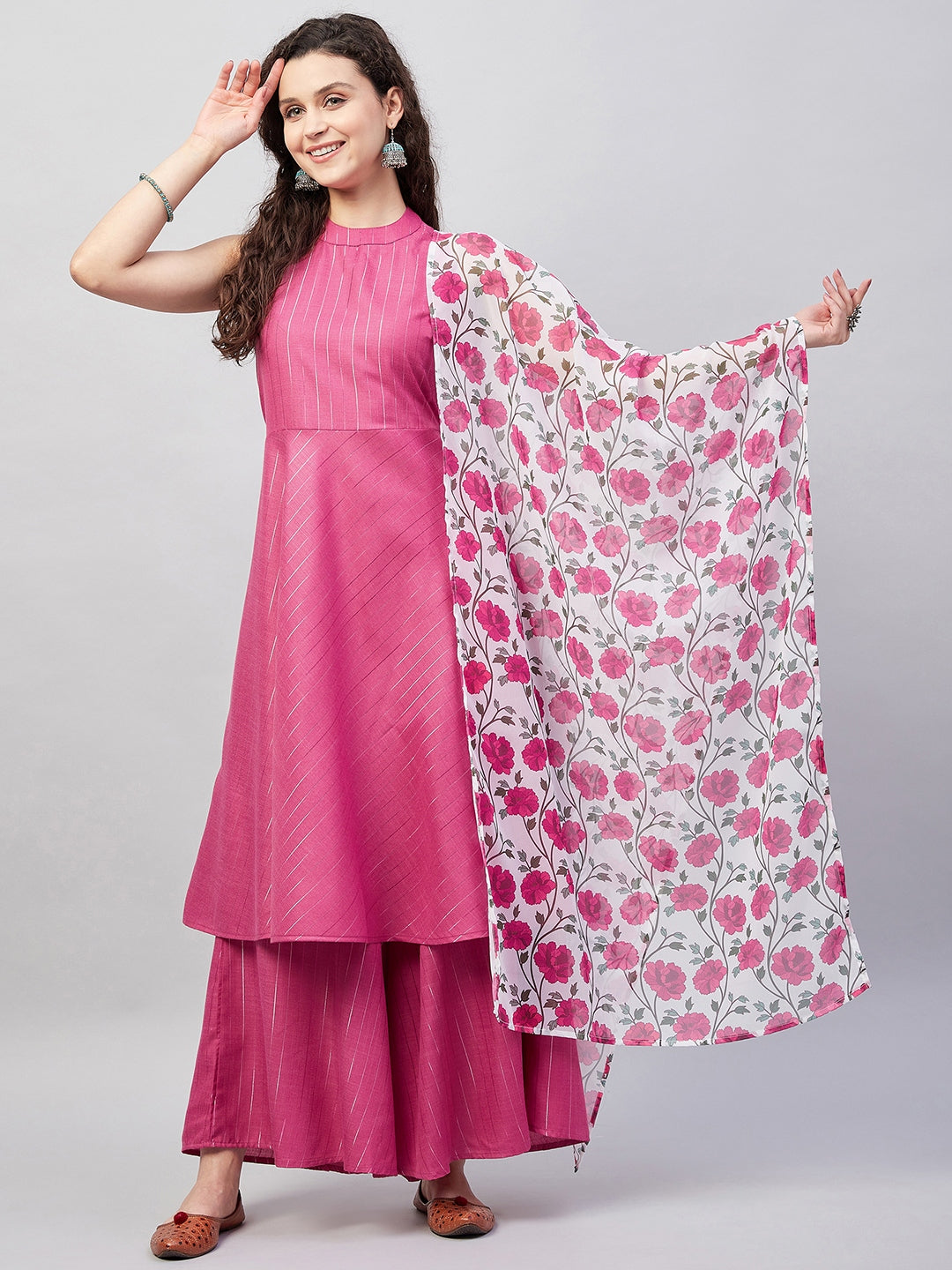 InWeave Women's Fuchsia Lurex Boho Kurta Set W White Fuchsia Ge Dupatta - Swadesiicart