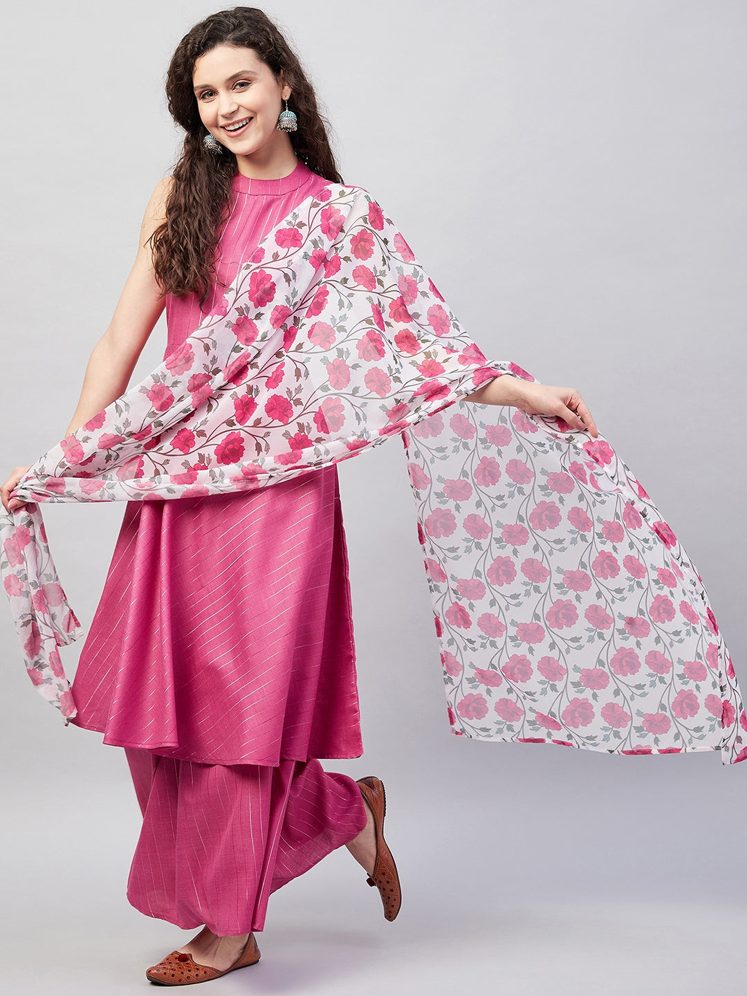 InWeave Women's Fuchsia Lurex Boho Kurta Set W White Fuchsia Ge Dupatta - Swadesiicart