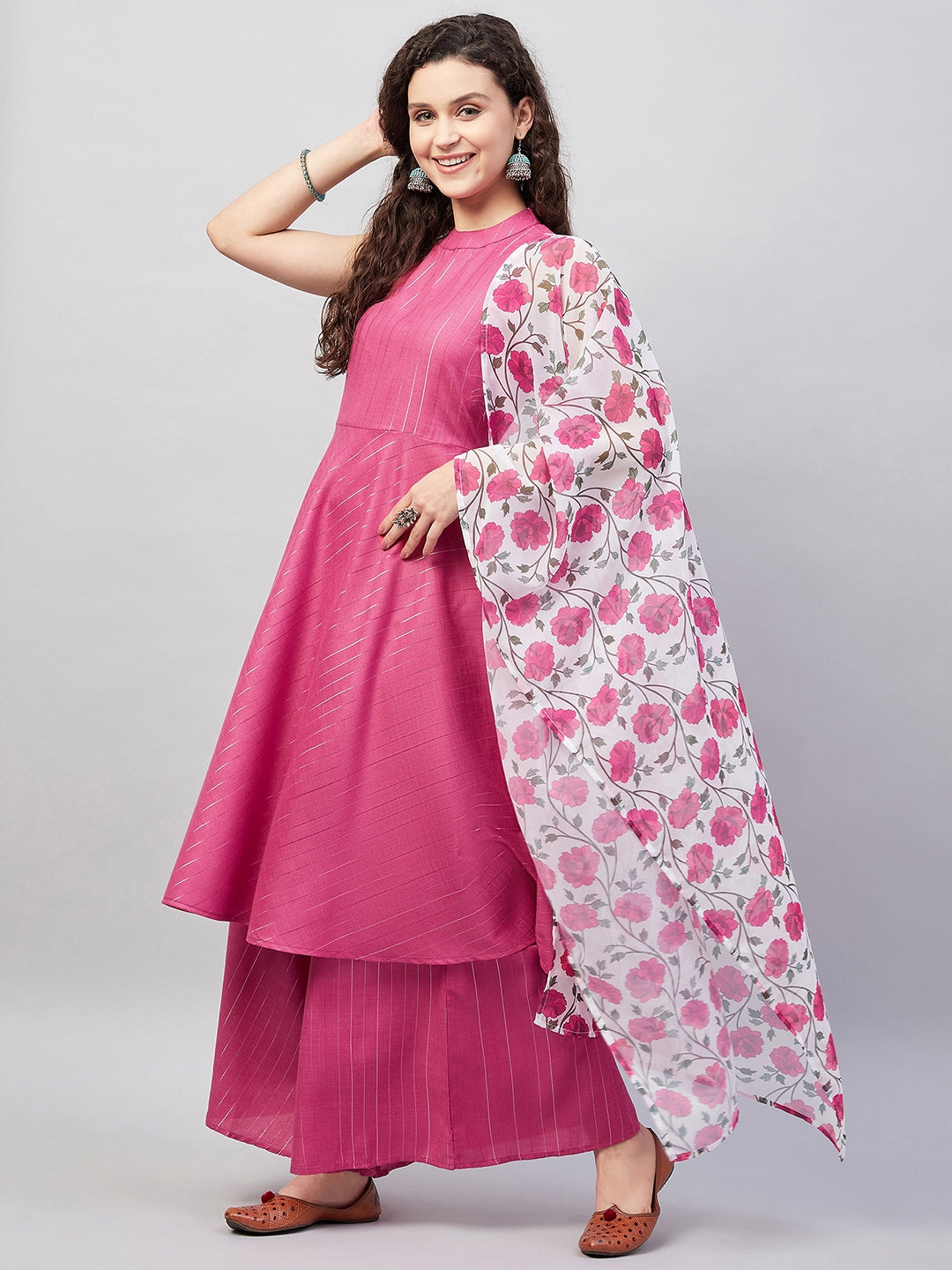 InWeave Women's Fuchsia Lurex Boho Kurta Set W White Fuchsia Ge Dupatta - Swadesiicart