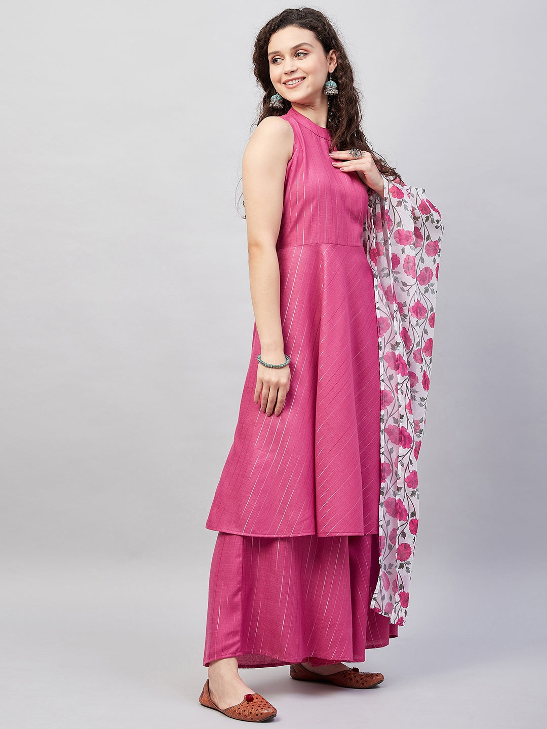 InWeave Women's Fuchsia Lurex Boho Kurta Set W White Fuchsia Ge Dupatta - Swadesiicart