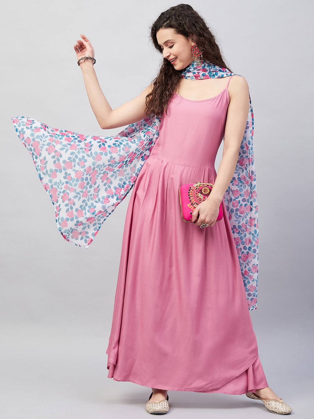InWeave Women's Light Pink Strappy Set W White Blue Pink Ge Dupatta - Swadesiicart