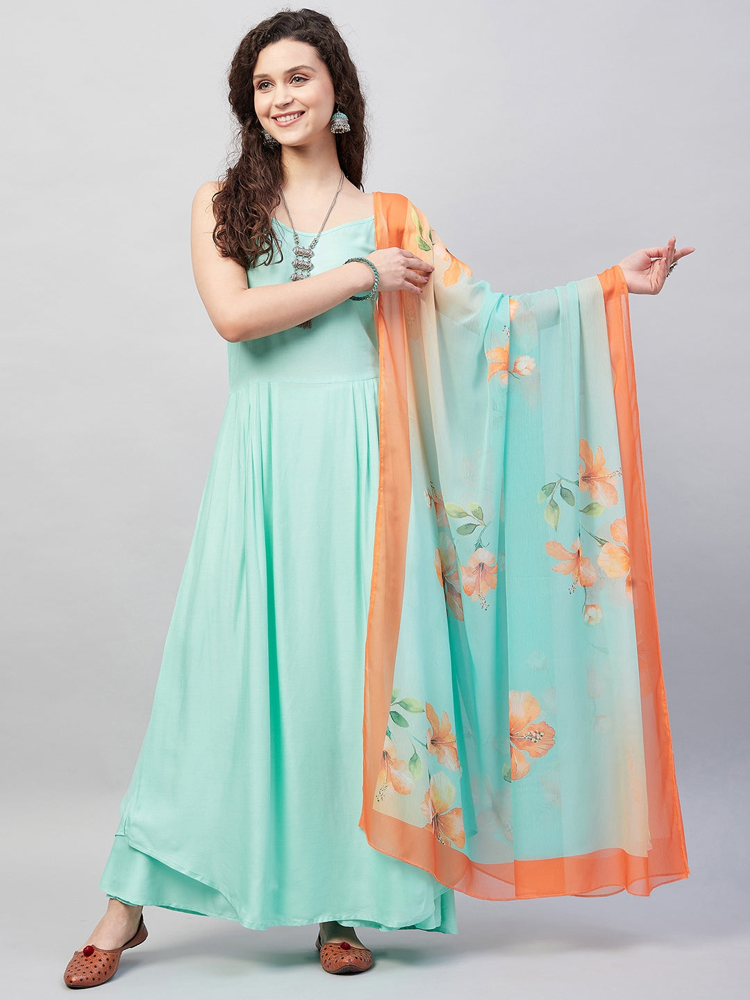 InWeave Women's Sky Blue Strappy Set W Aqua Orange Ge Dupatta - Swadesiicart