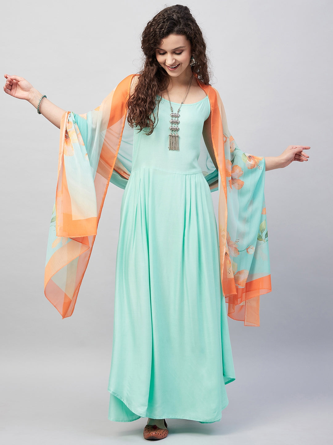 InWeave Women's Sky Blue Strappy Set W Aqua Orange Ge Dupatta - Swadesiicart