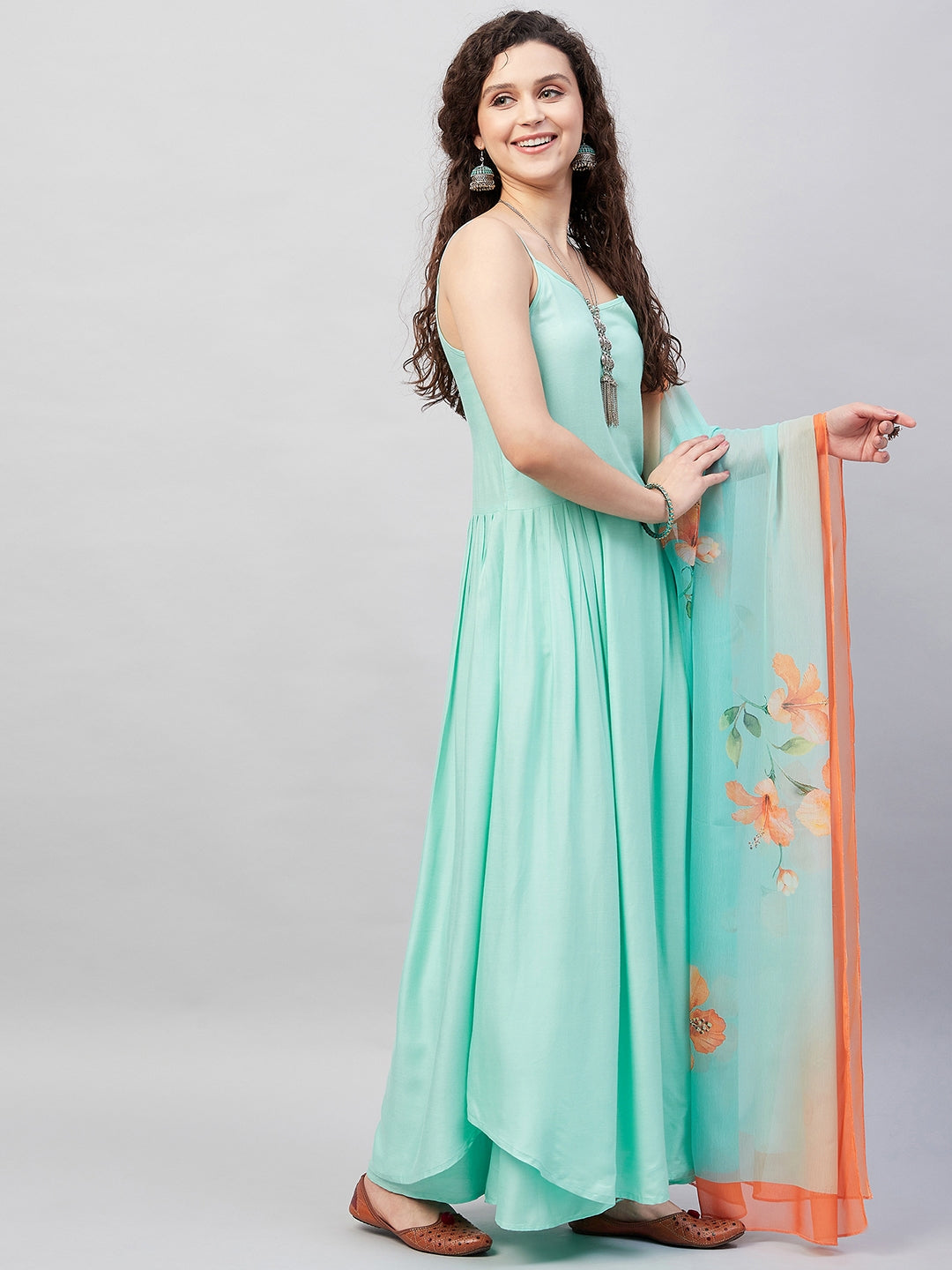 InWeave Women's Sky Blue Strappy Set W Aqua Orange Ge Dupatta - Swadesiicart