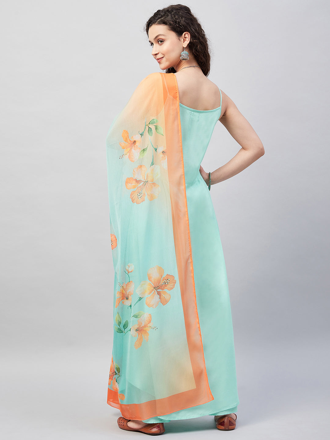 InWeave Women's Sky Blue Strappy Set W Aqua Orange Ge Dupatta - Swadesiicart