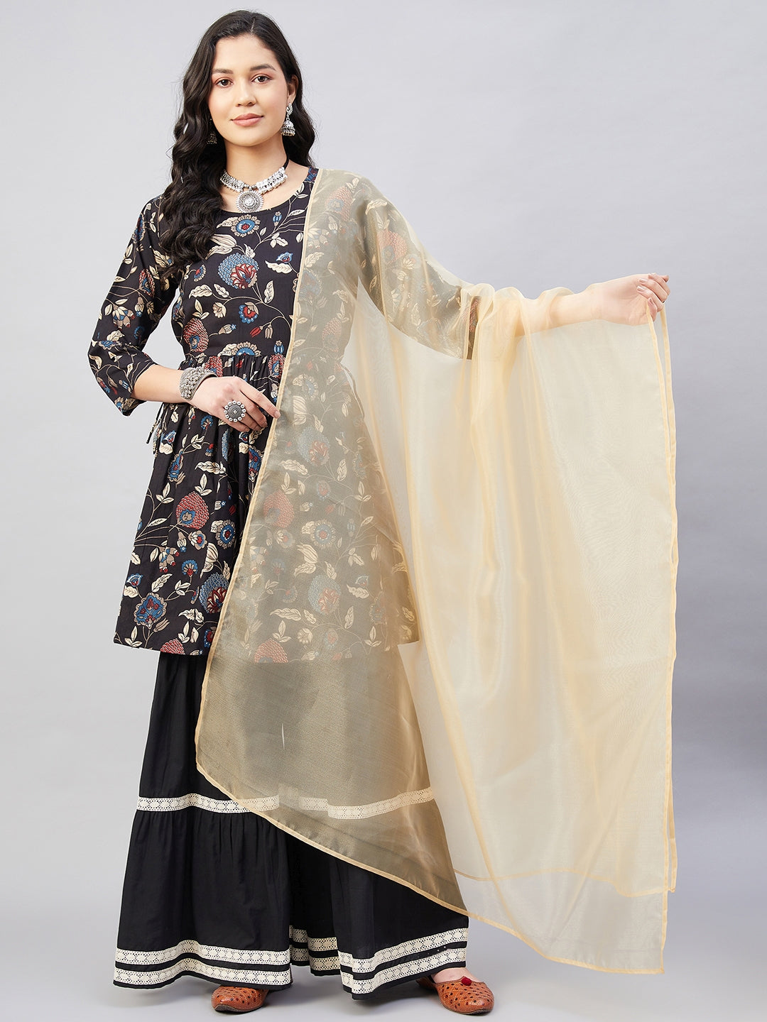 InWeave Black Tropical Sharara Set Gold Or Dupatta - Swadesiicart