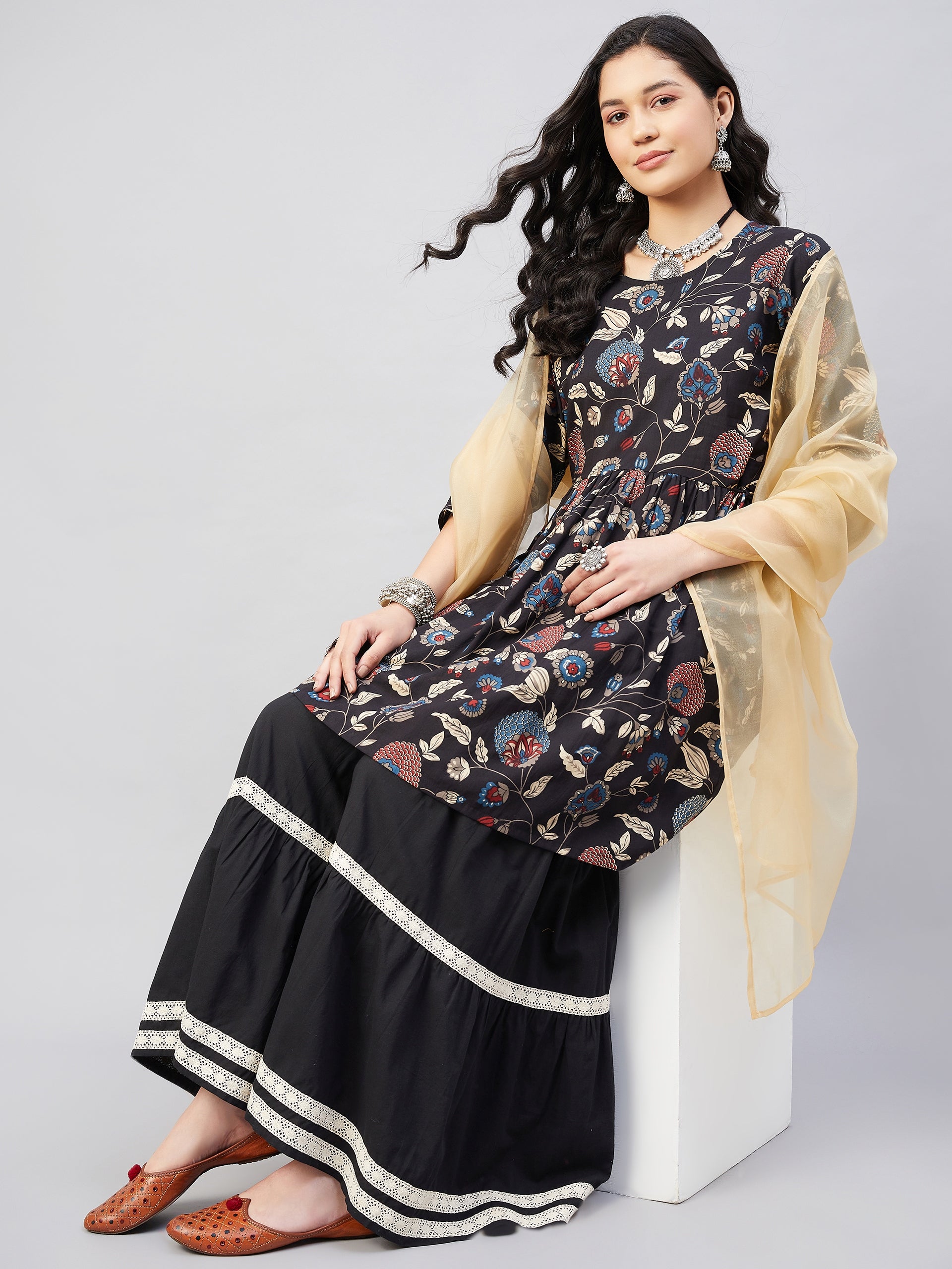 InWeave Black Tropical Sharara Set Gold Or Dupatta - Swadesiicart
