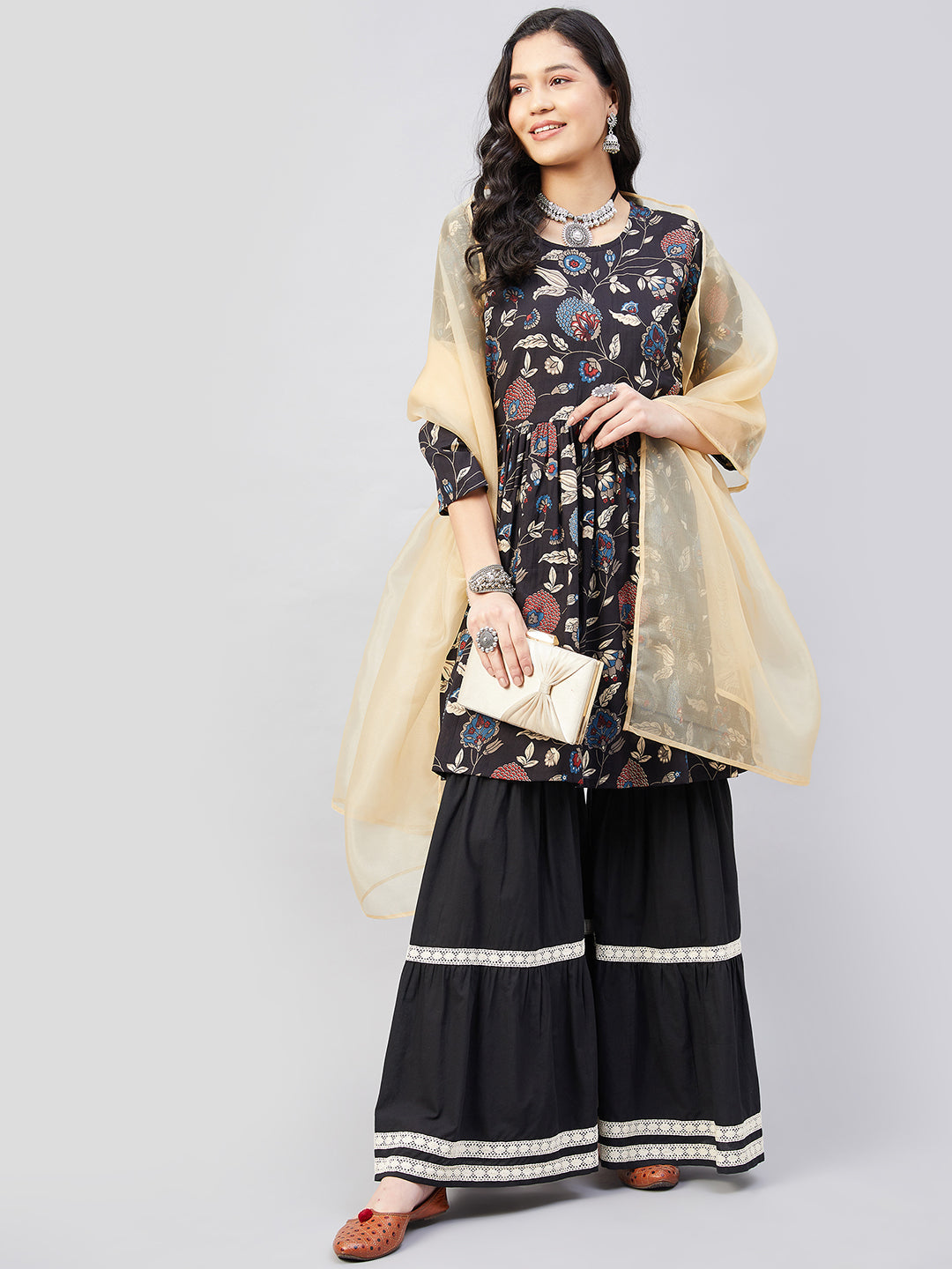 InWeave Black Tropical Sharara Set Gold Or Dupatta - Swadesiicart