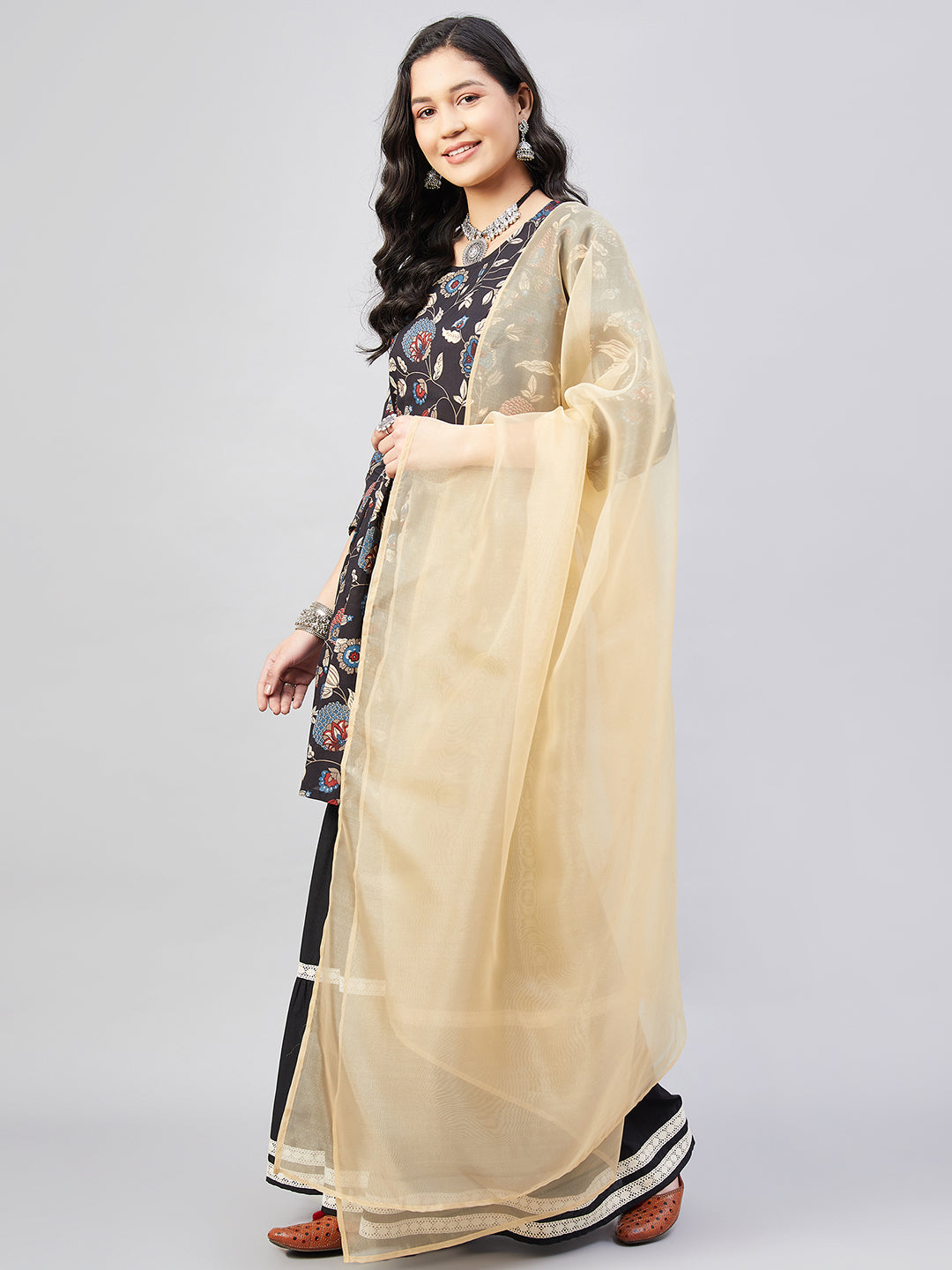 InWeave Black Tropical Sharara Set Gold Or Dupatta - Swadesiicart