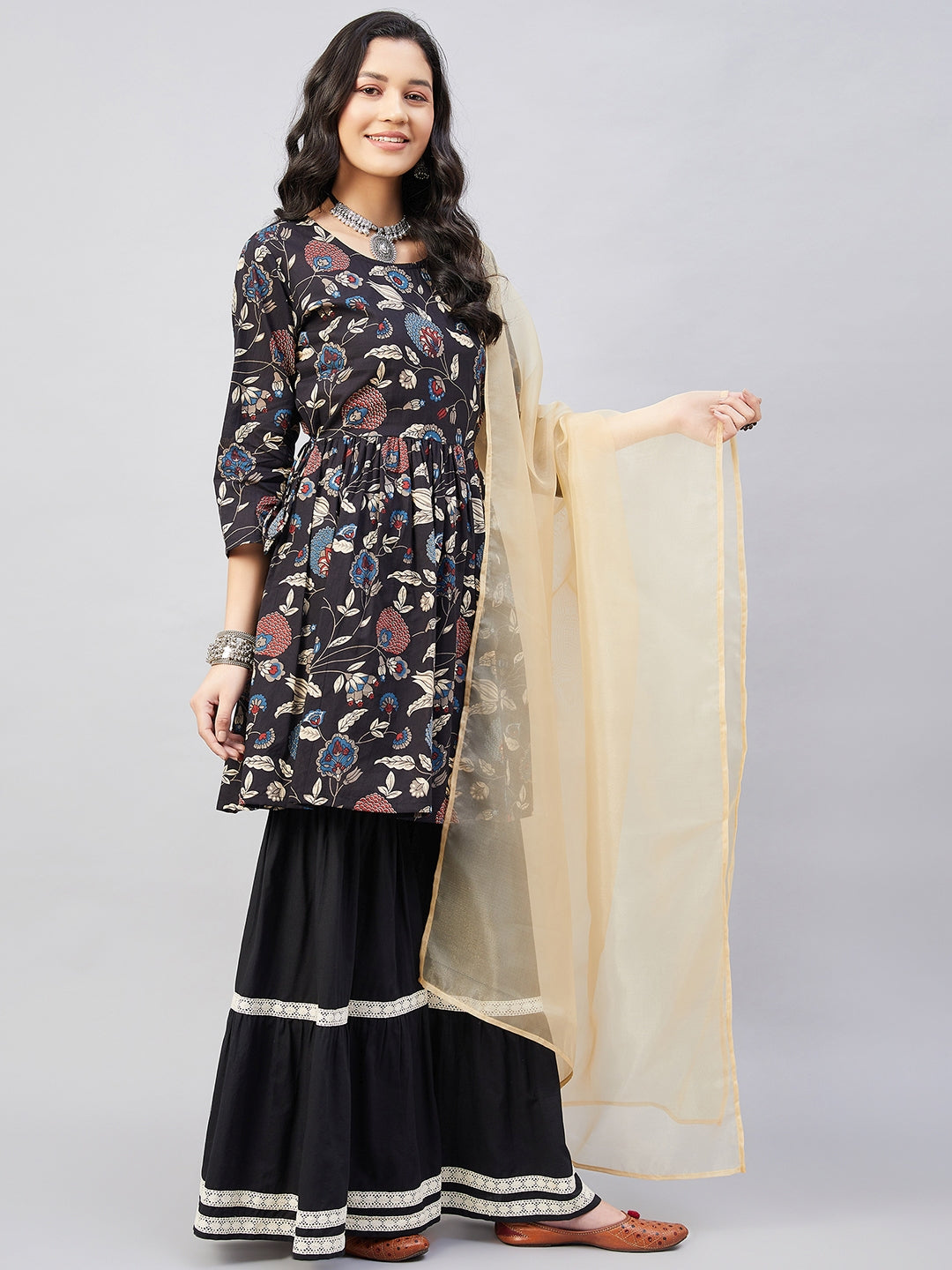 InWeave Black Tropical Sharara Set Gold Or Dupatta - Swadesiicart