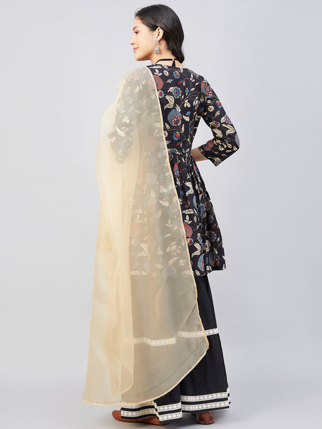 InWeave Black Tropical Sharara Set Gold Or Dupatta - Swadesiicart