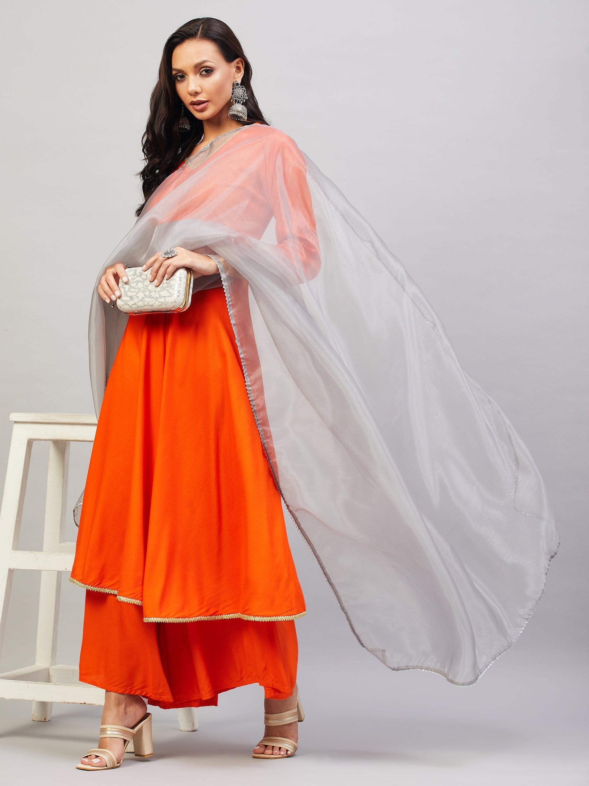 InWeave Women's Orange Gota Long Kurta Set W Grey Gota Or Dupatta - Swadesiicart