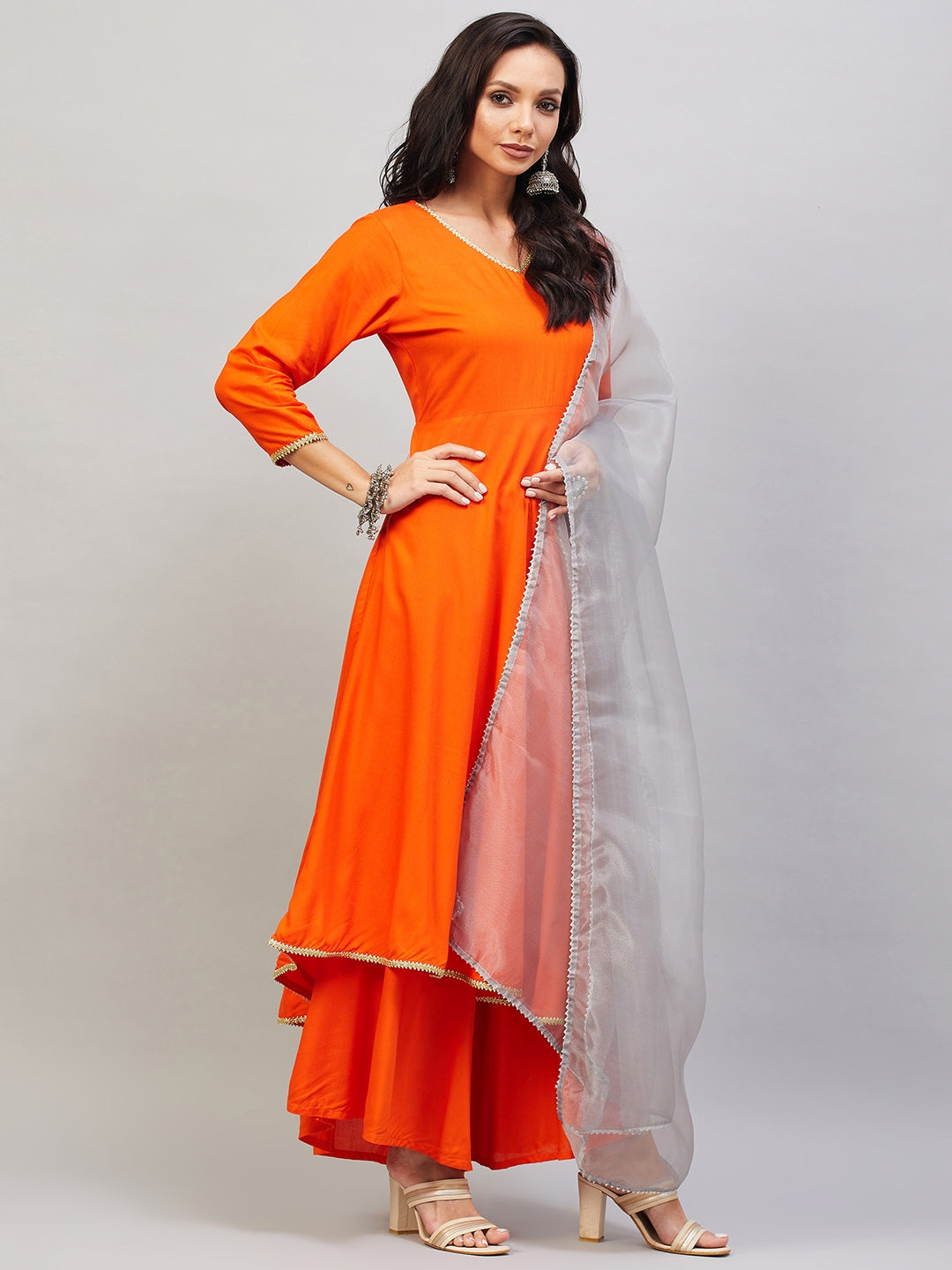 InWeave Women's Orange Gota Long Kurta Set W Grey Gota Or Dupatta - Swadesiicart