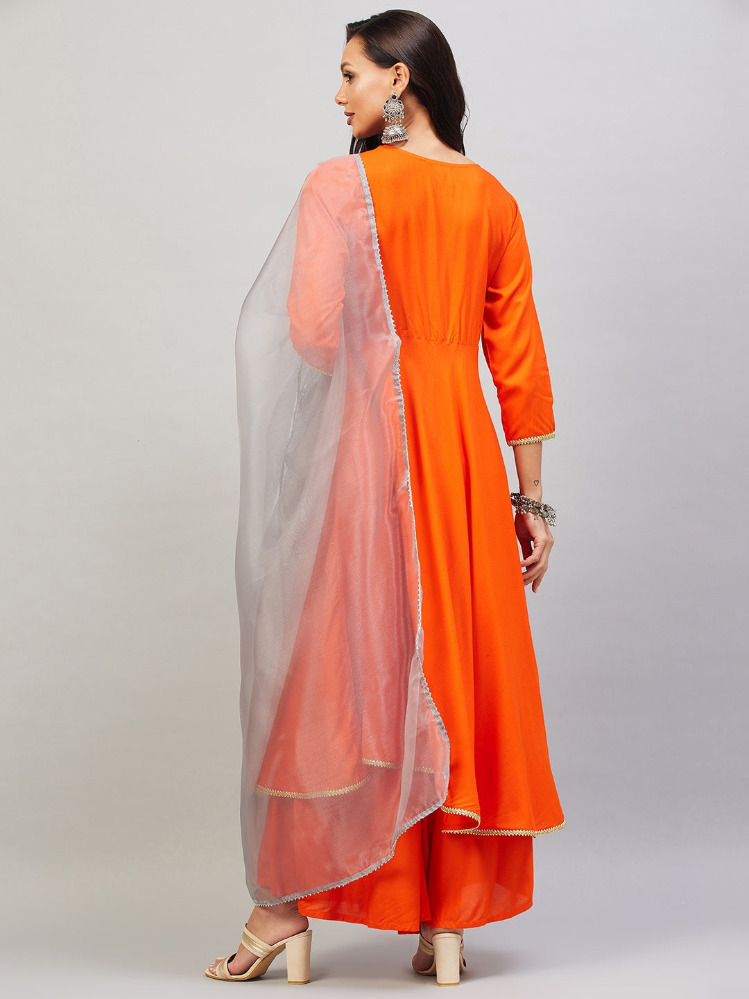 InWeave Women's Orange Gota Long Kurta Set W Grey Gota Or Dupatta - Swadesiicart