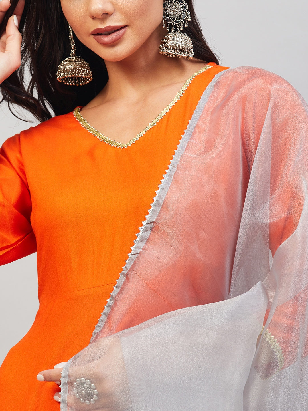 InWeave Women's Orange Gota Long Kurta Set W Grey Gota Or Dupatta - Swadesiicart