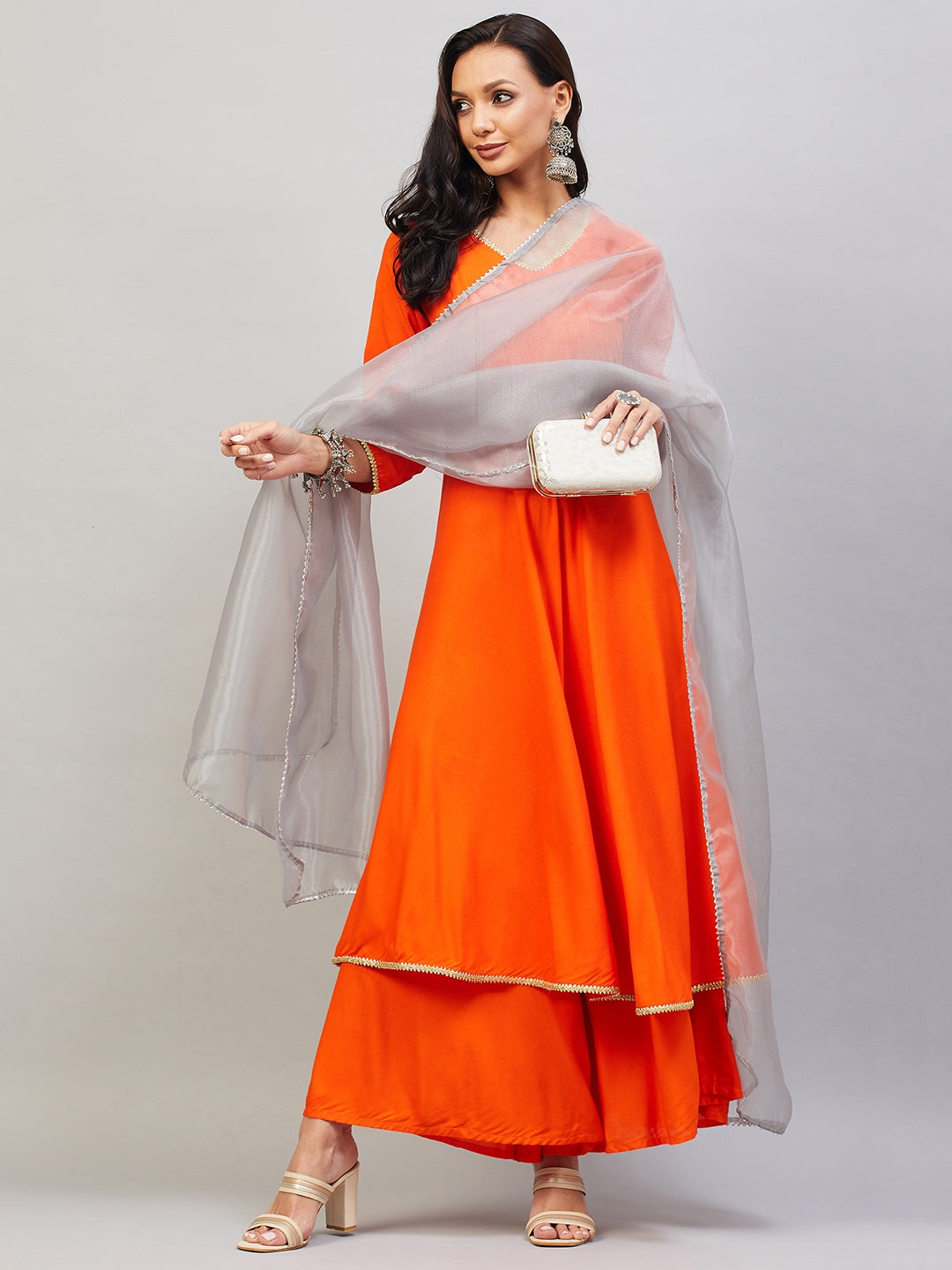InWeave Women's Orange Gota Long Kurta Set W Grey Gota Or Dupatta - Swadesiicart