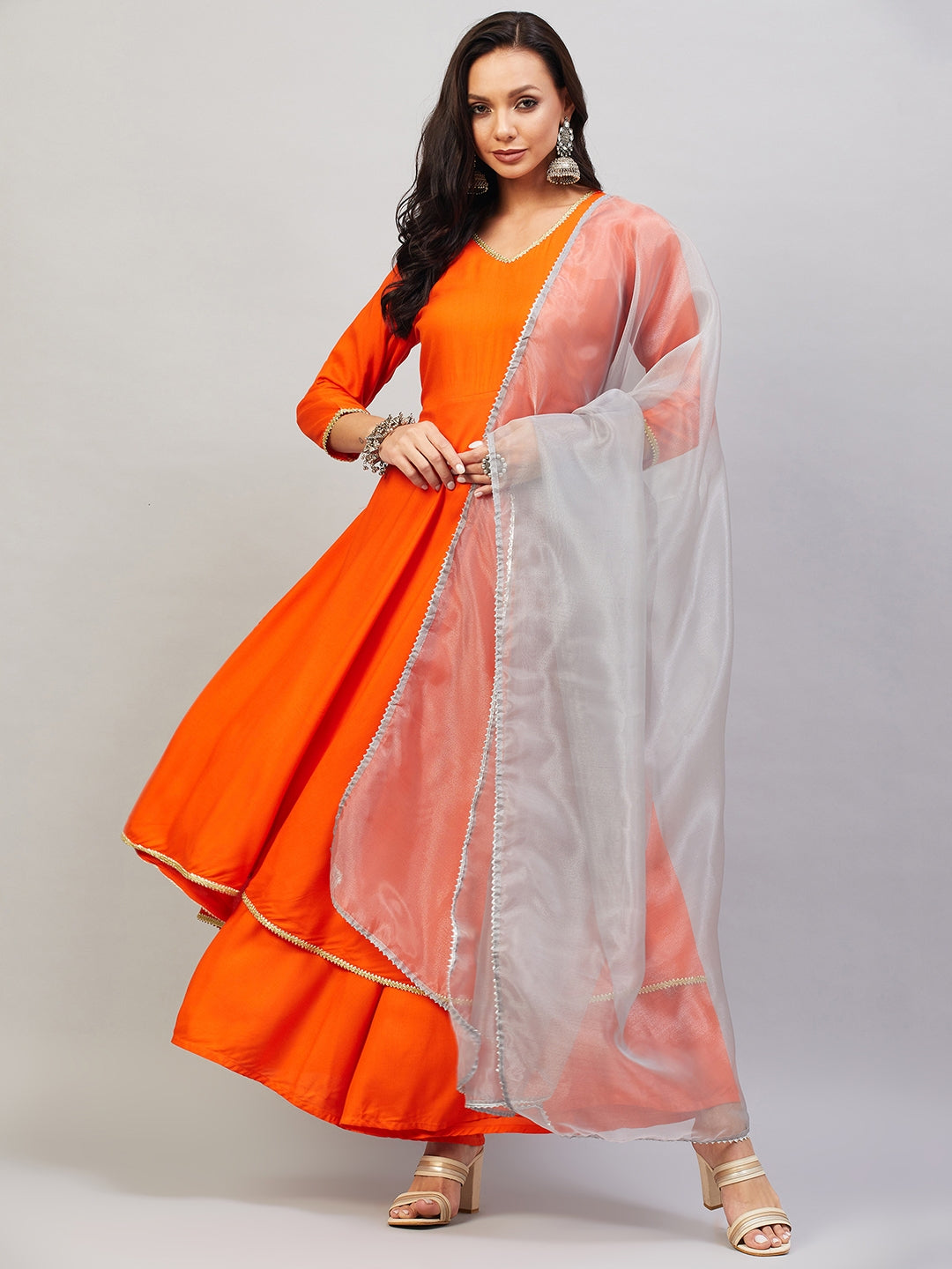InWeave Women's Orange Gota Long Kurta Set W Grey Gota Or Dupatta - Swadesiicart