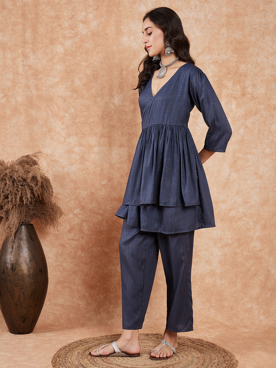 InWeave Women's Dark Teal Lurex High Low Angrakha Tie Up Kurta Set - Swadesiicart