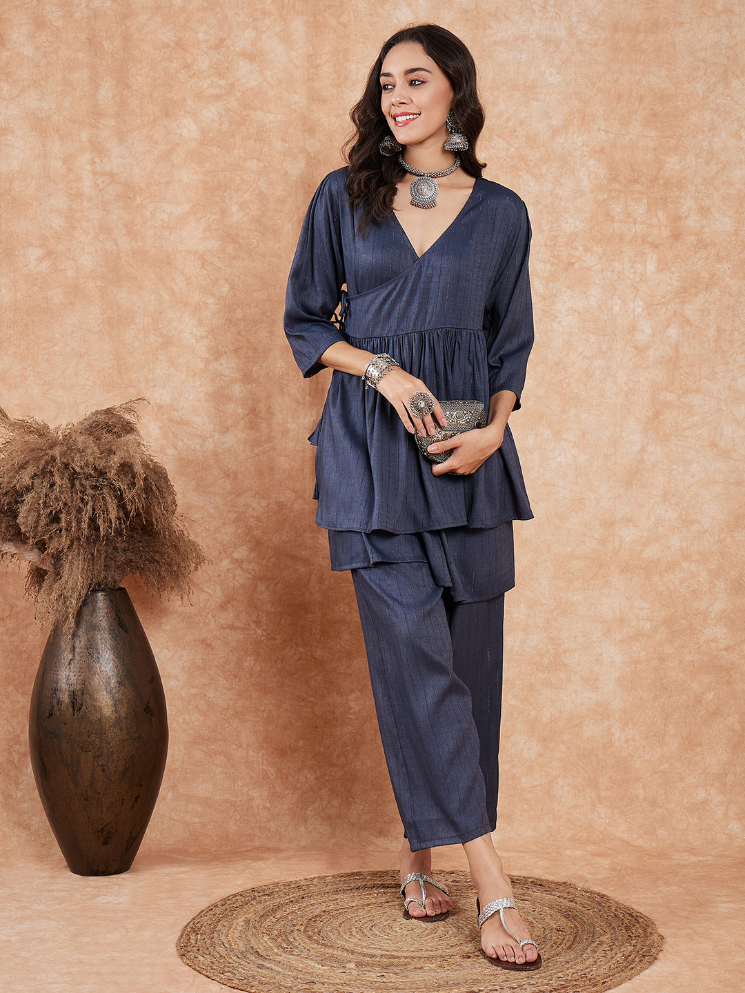 InWeave Women's Dark Teal Lurex High Low Angrakha Tie Up Kurta Set - Swadesiicart