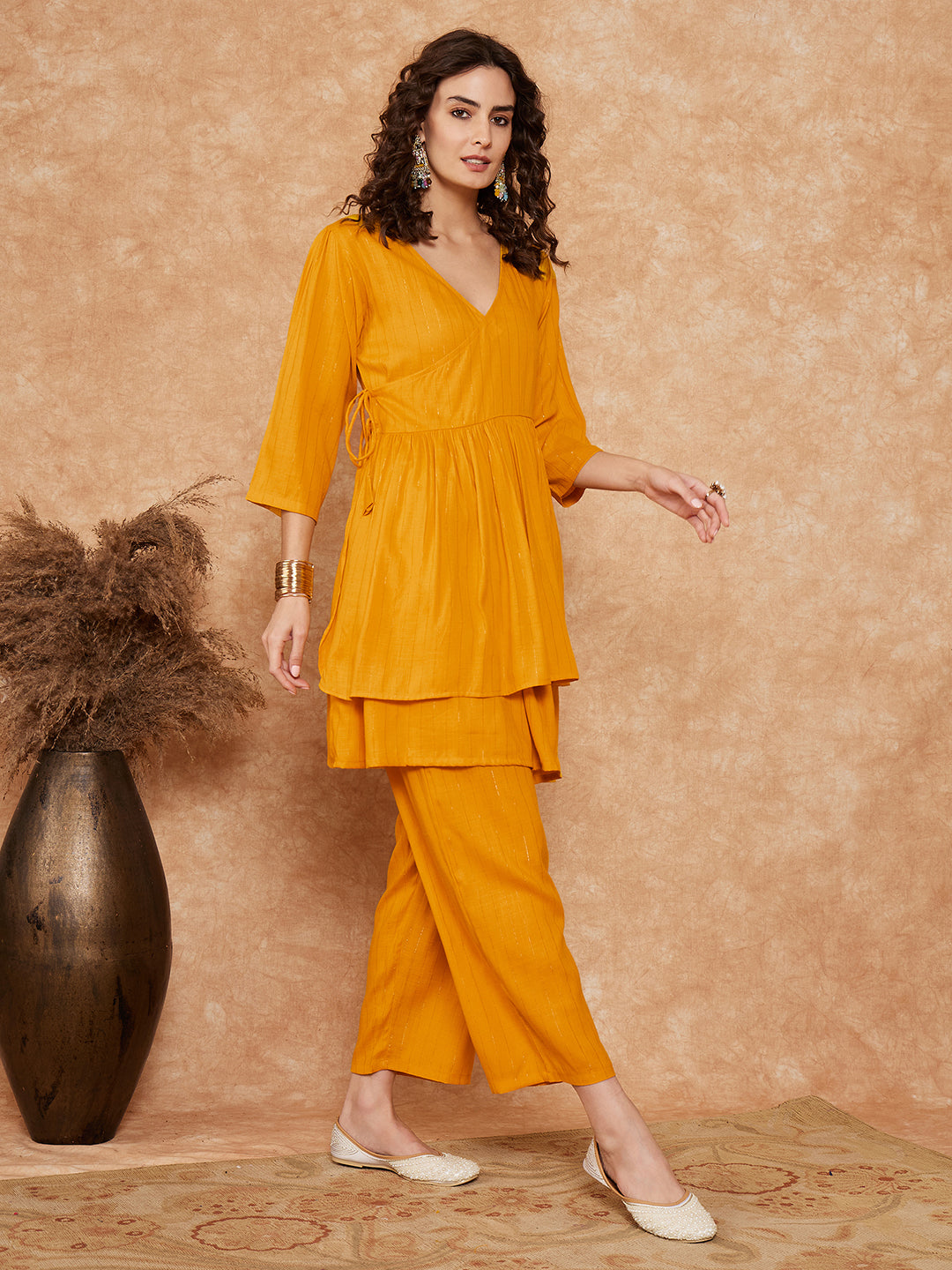 InWeave Women's Mustrad Lurex High Low Angrakha Tie Up Kurta Set - Swadesiicart