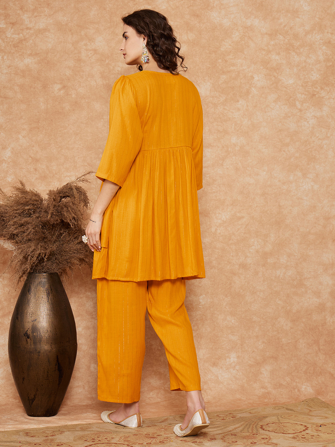 InWeave Women's Mustrad Lurex High Low Angrakha Tie Up Kurta Set - Swadesiicart