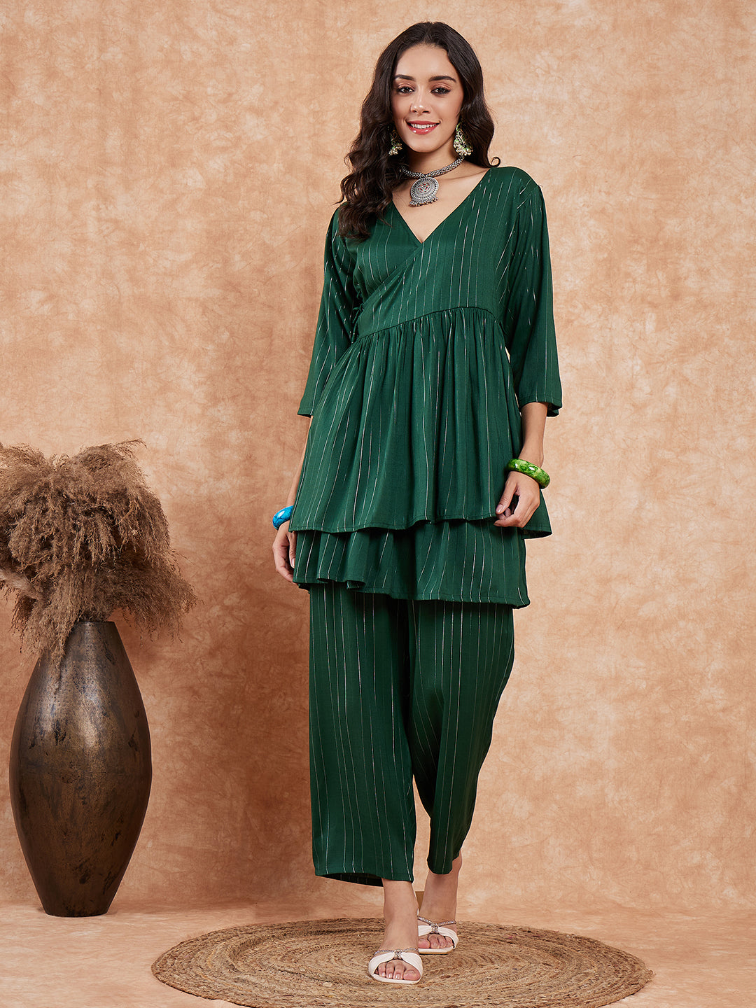 InWeave Women's Pine Green Lurex High Low Angrakha Tie Up Kurta Set - Swadesiicart