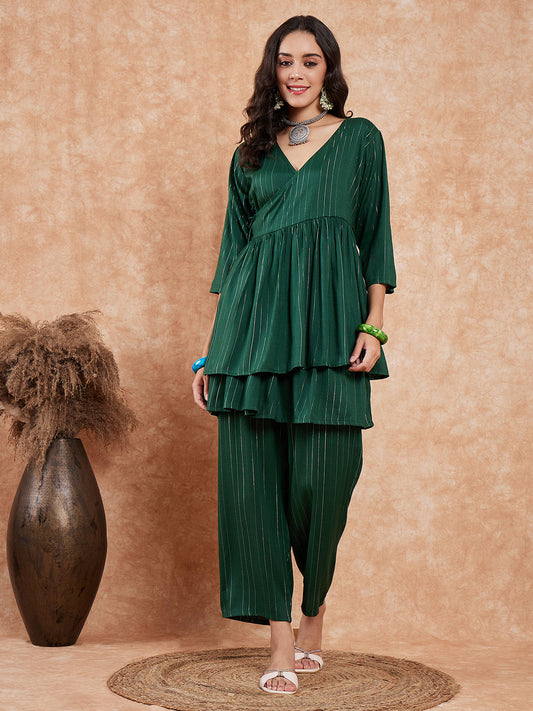 InWeave Women's Pine Green Lurex High Low Angrakha Tie Up Kurta Set - Swadesiicart