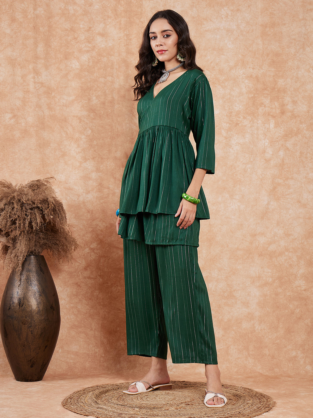 InWeave Women's Pine Green Lurex High Low Angrakha Tie Up Kurta Set - Swadesiicart