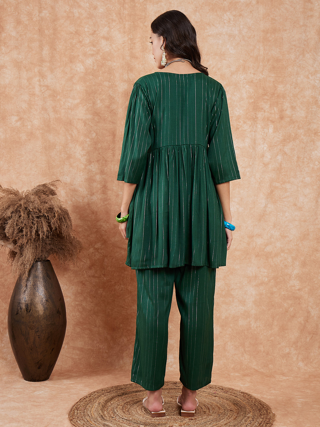 InWeave Women's Pine Green Lurex High Low Angrakha Tie Up Kurta Set - Swadesiicart