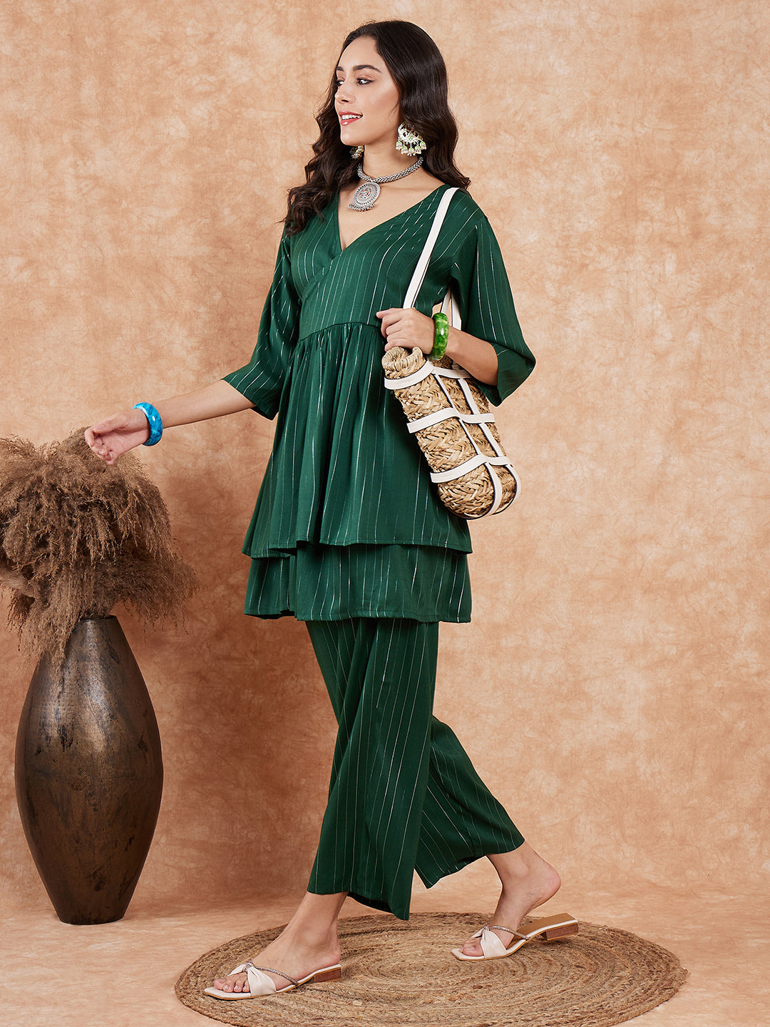 InWeave Women's Pine Green Lurex High Low Angrakha Tie Up Kurta Set - Swadesiicart