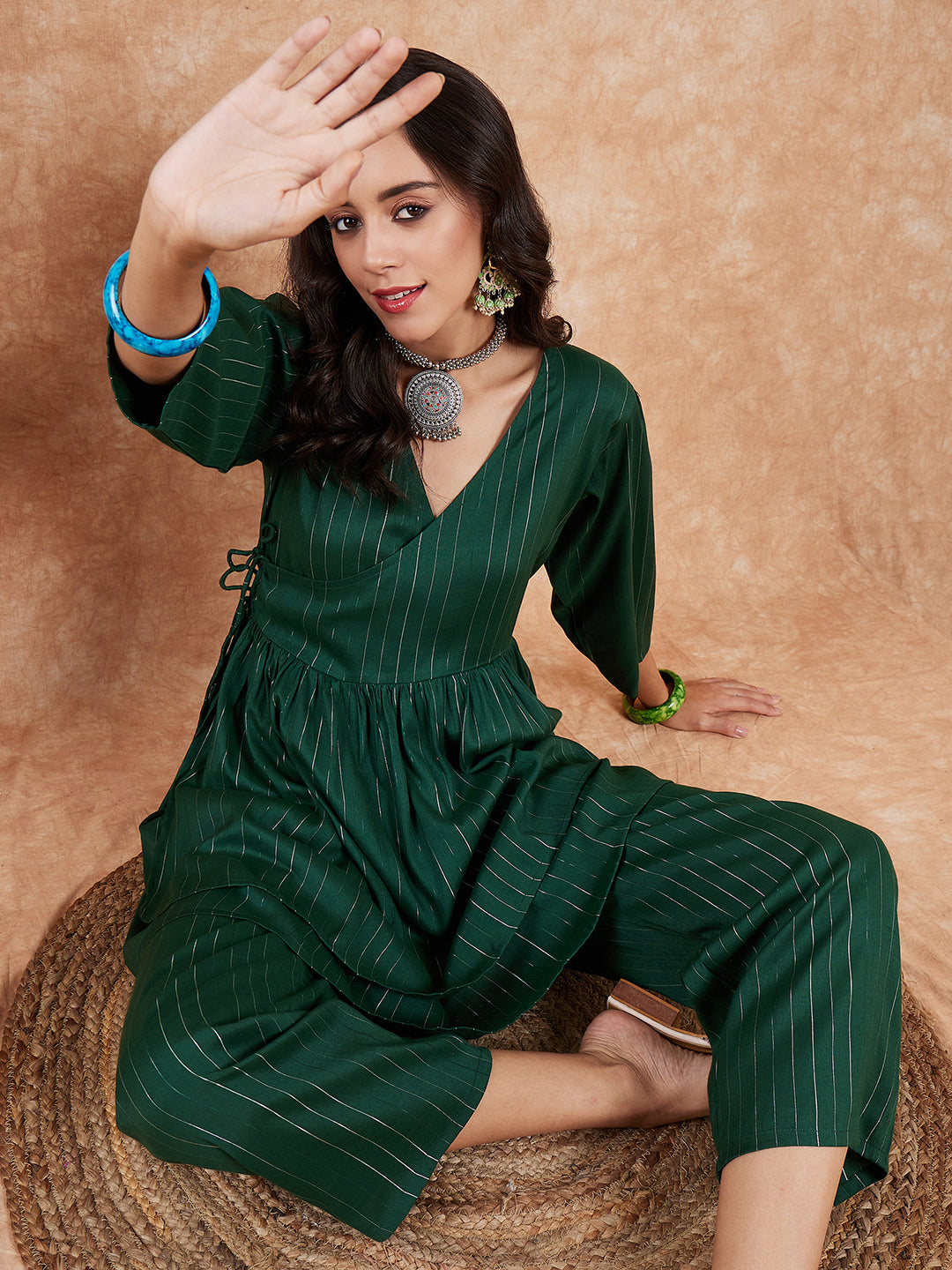 InWeave Women's Pine Green Lurex High Low Angrakha Tie Up Kurta Set - Swadesiicart