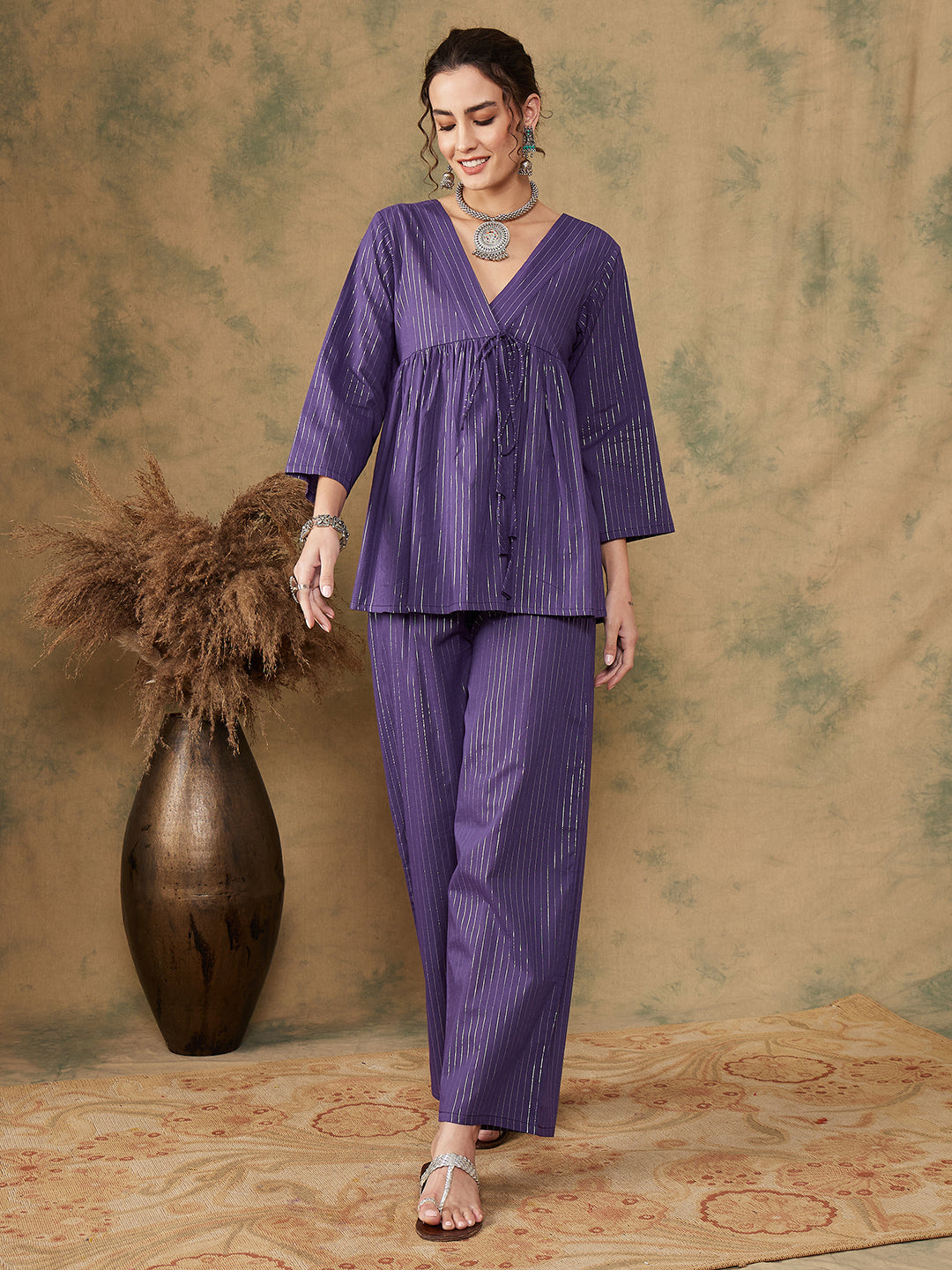 InWeave Women's Purple Lurex V Neck Front Tie Up Kurta Pant Set - Swadesiicart