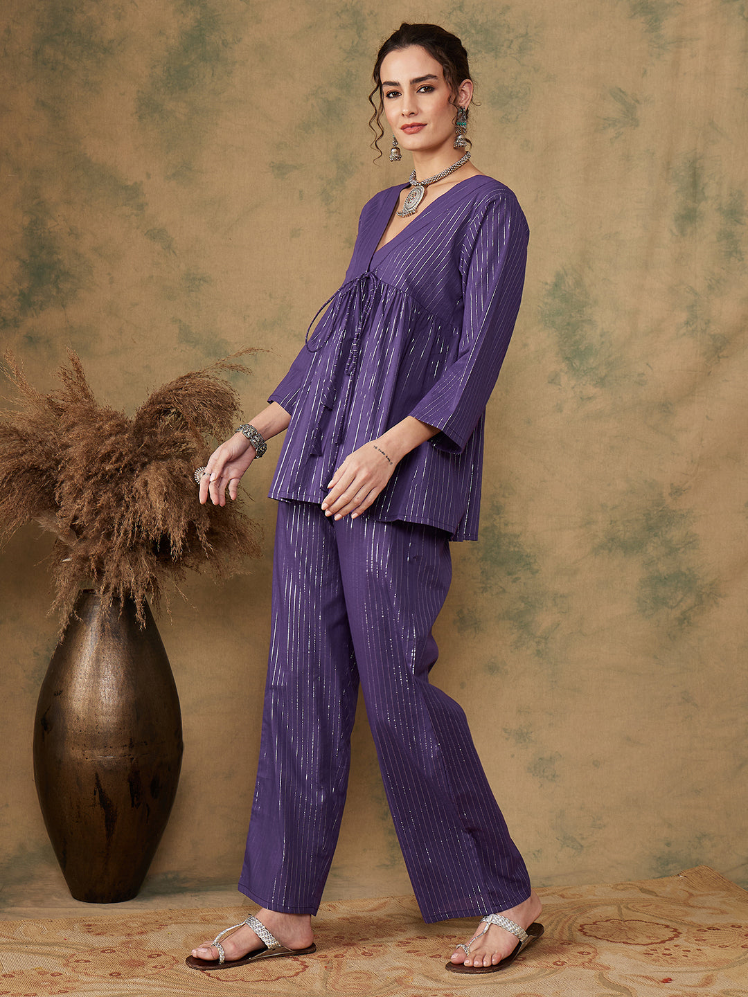 InWeave Women's Purple Lurex V Neck Front Tie Up Kurta Pant Set - Swadesiicart