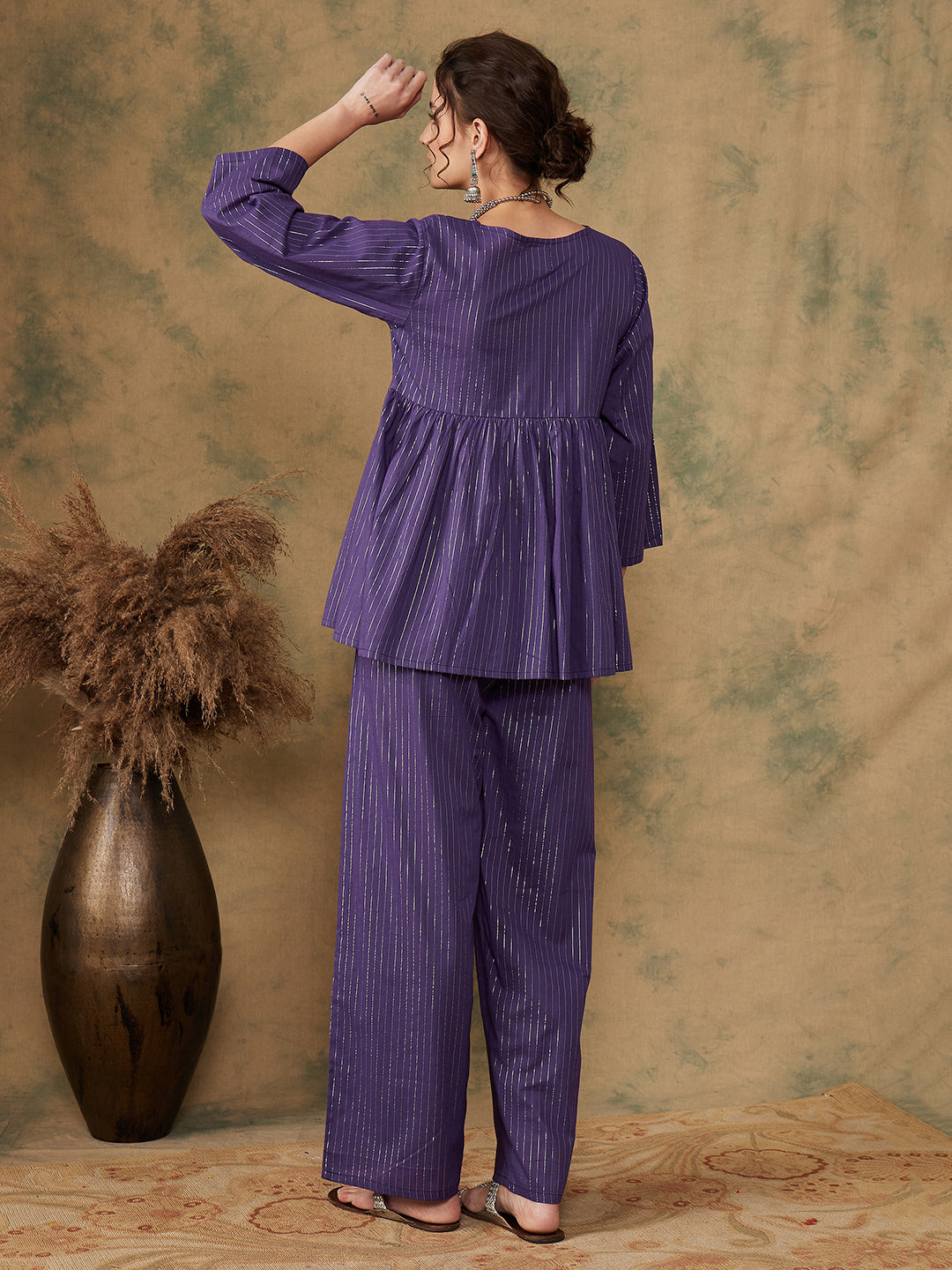 InWeave Women's Purple Lurex V Neck Front Tie Up Kurta Pant Set - Swadesiicart