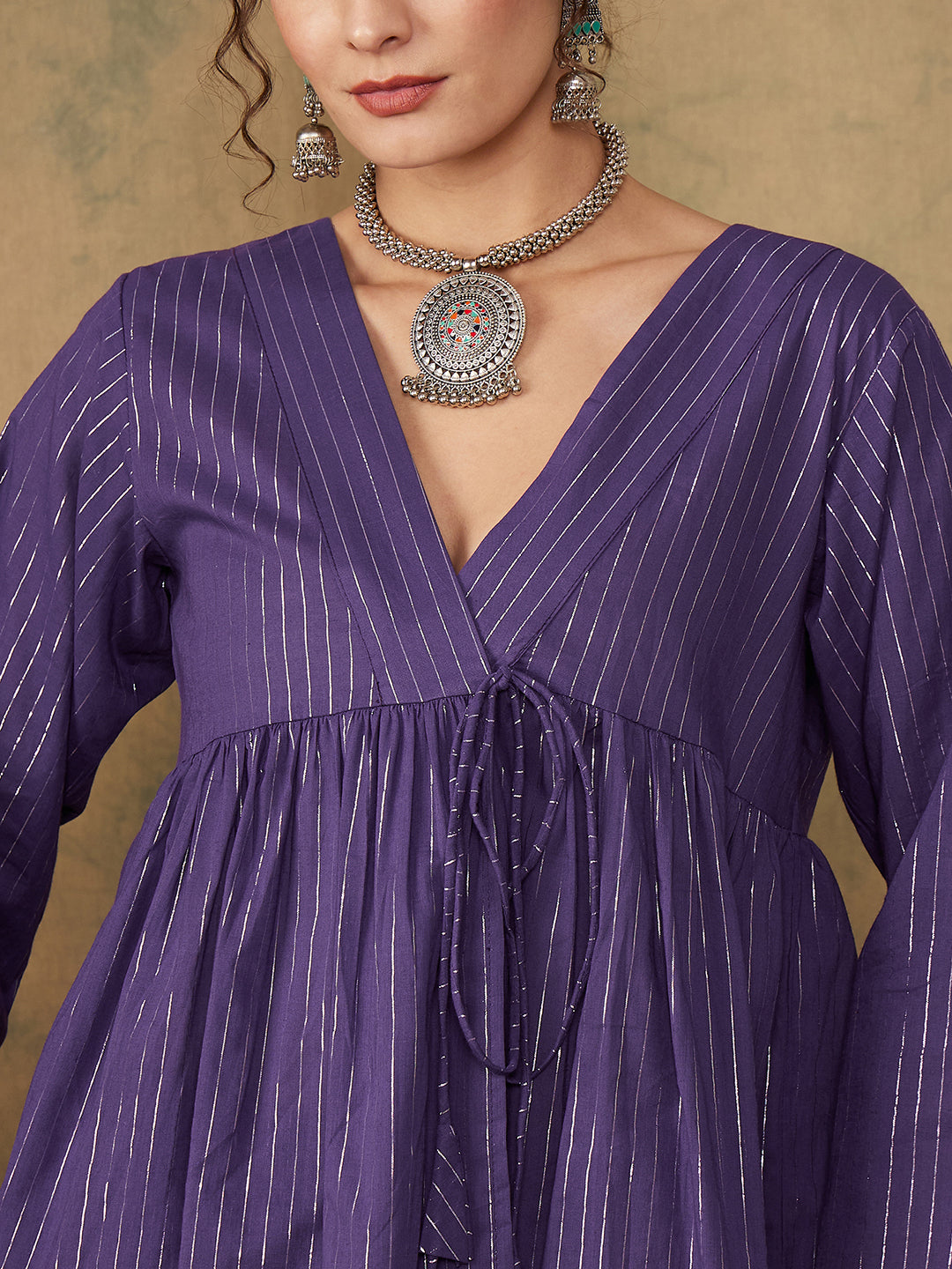 InWeave Women's Purple Lurex V Neck Front Tie Up Kurta Pant Set - Swadesiicart
