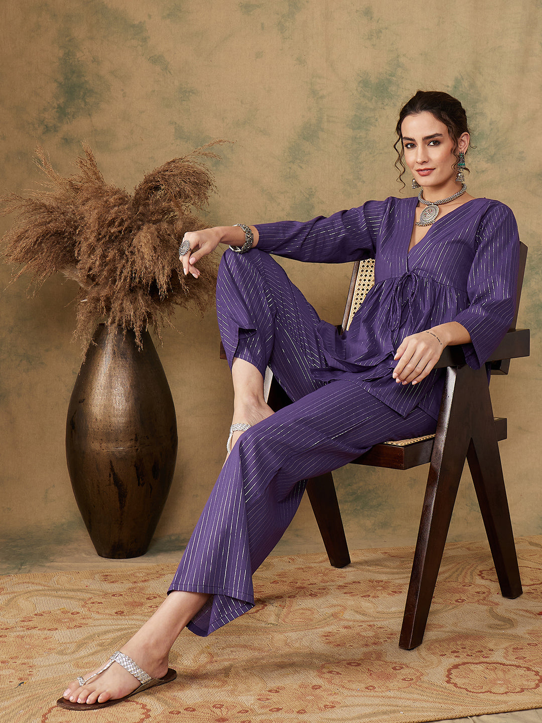 InWeave Women's Purple Lurex V Neck Front Tie Up Kurta Pant Set - Swadesiicart