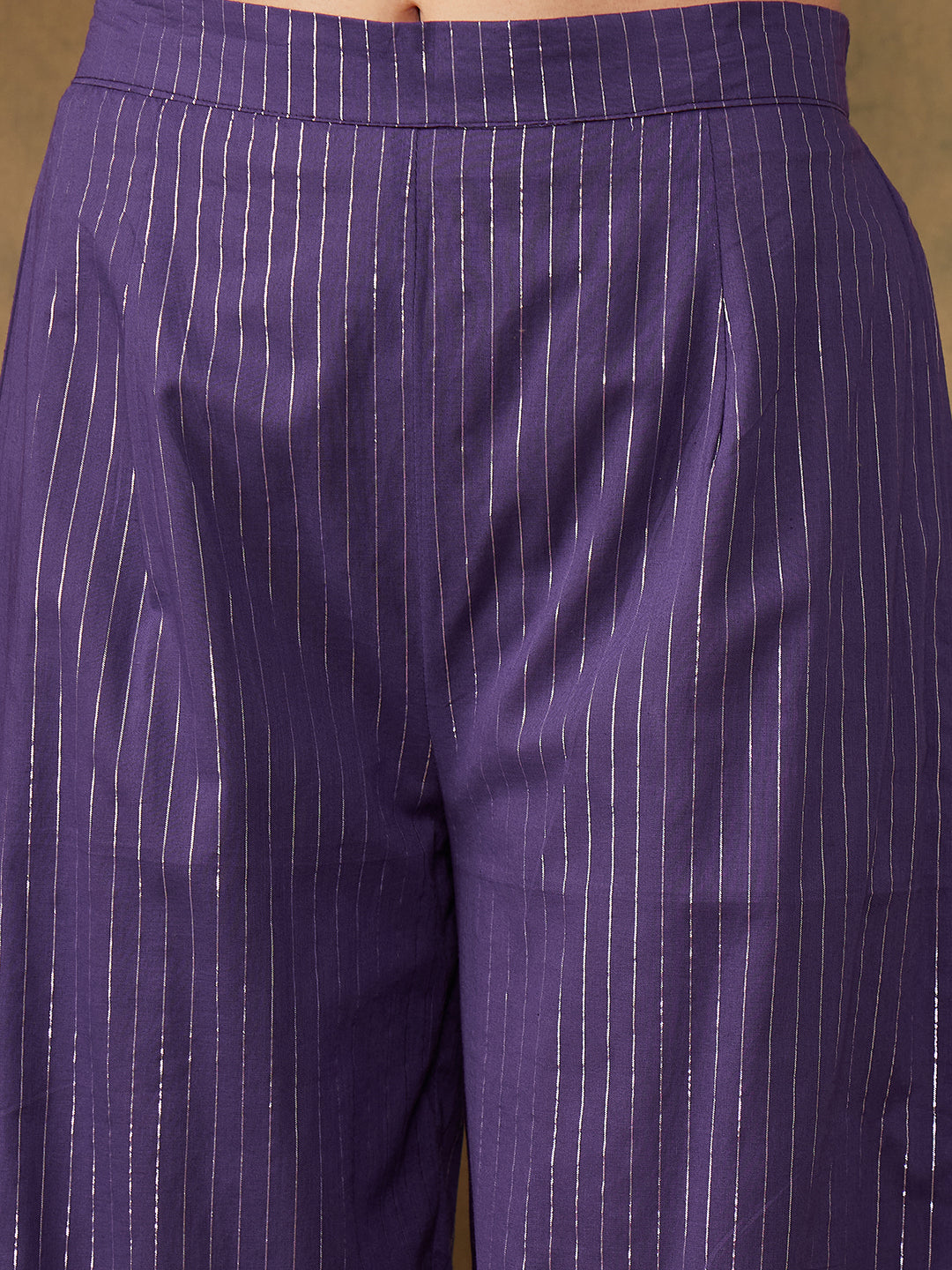 InWeave Women's Purple Lurex V Neck Front Tie Up Kurta Pant Set - Swadesiicart