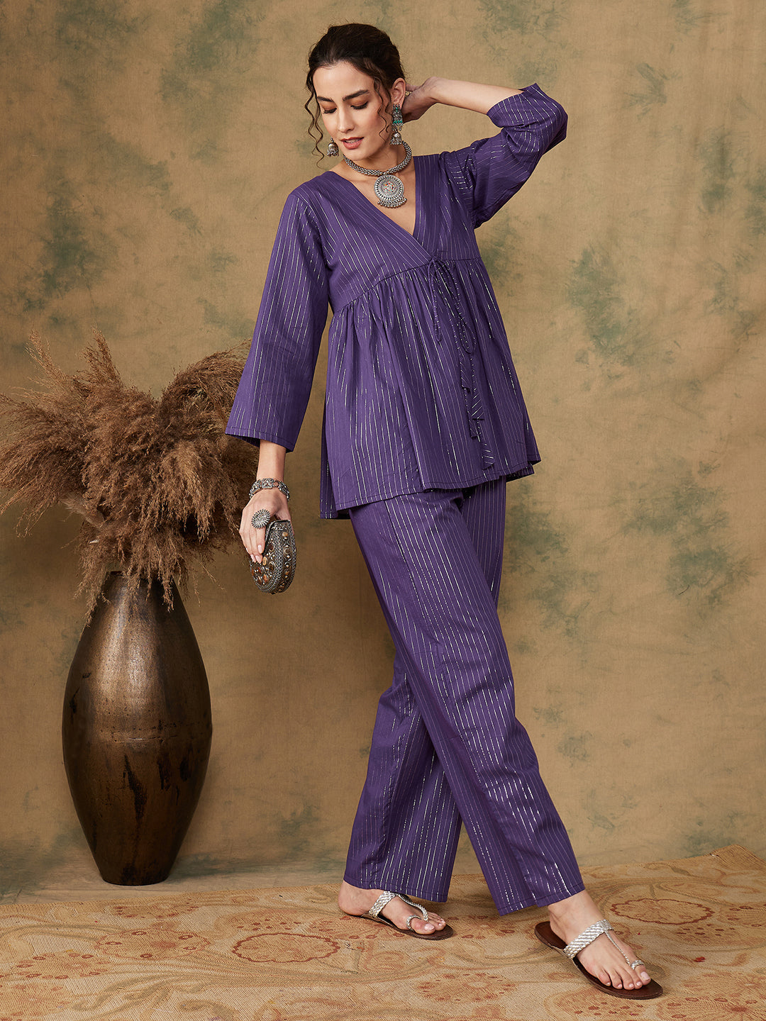 InWeave Women's Purple Lurex V Neck Front Tie Up Kurta Pant Set - Swadesiicart