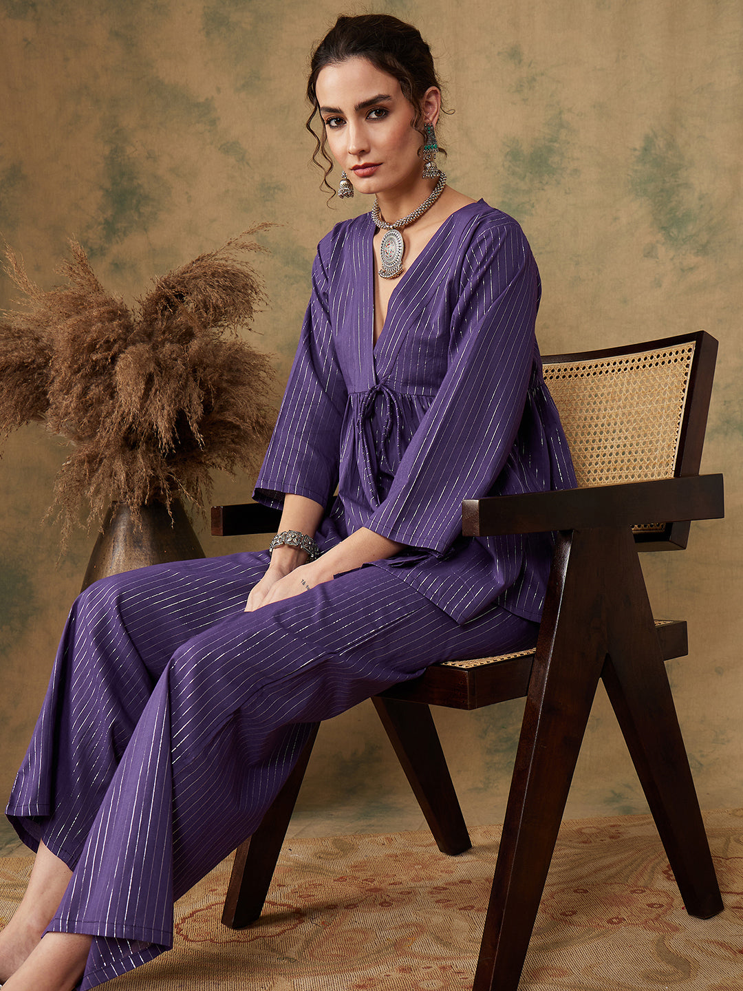 InWeave Women's Purple Lurex V Neck Front Tie Up Kurta Pant Set - Swadesiicart
