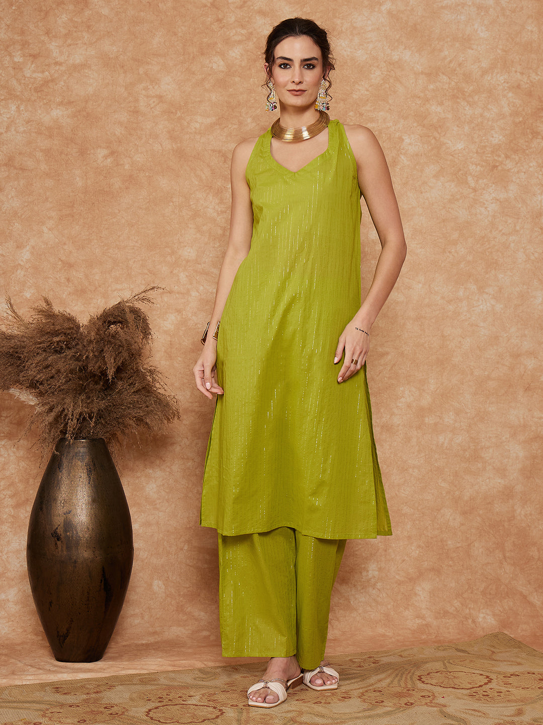 InWeave Women's Lime Green Lurex Neck Patti Halter Kurta Pant Set - Swadesiicart