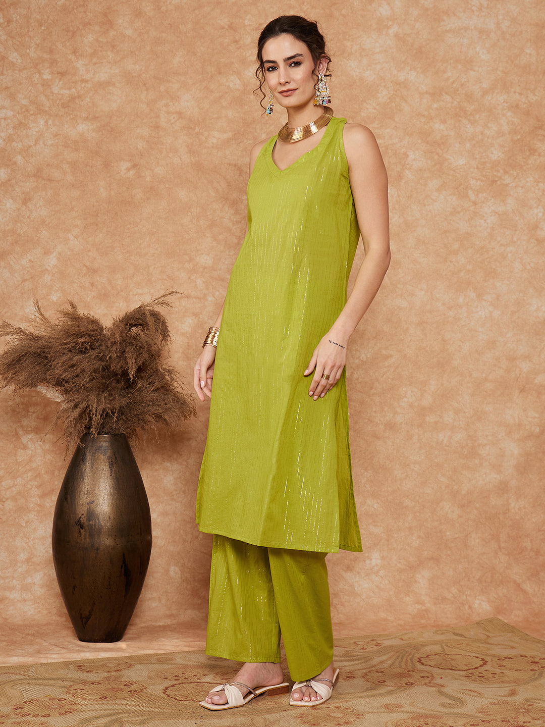 InWeave Women's Lime Green Lurex Neck Patti Halter Kurta Pant Set - Swadesiicart