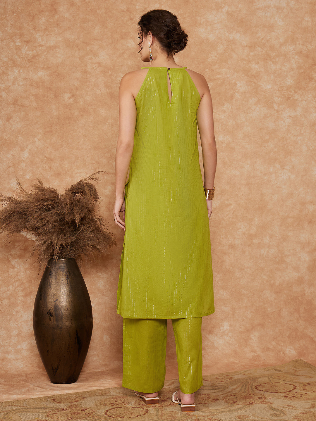 InWeave Women's Lime Green Lurex Neck Patti Halter Kurta Pant Set - Swadesiicart