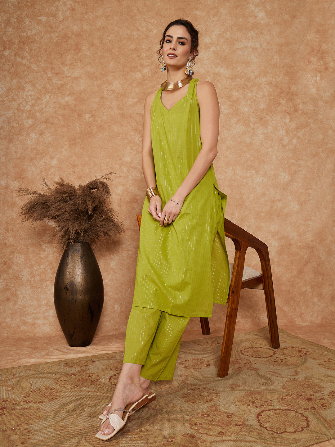 InWeave Women's Lime Green Lurex Neck Patti Halter Kurta Pant Set - Swadesiicart