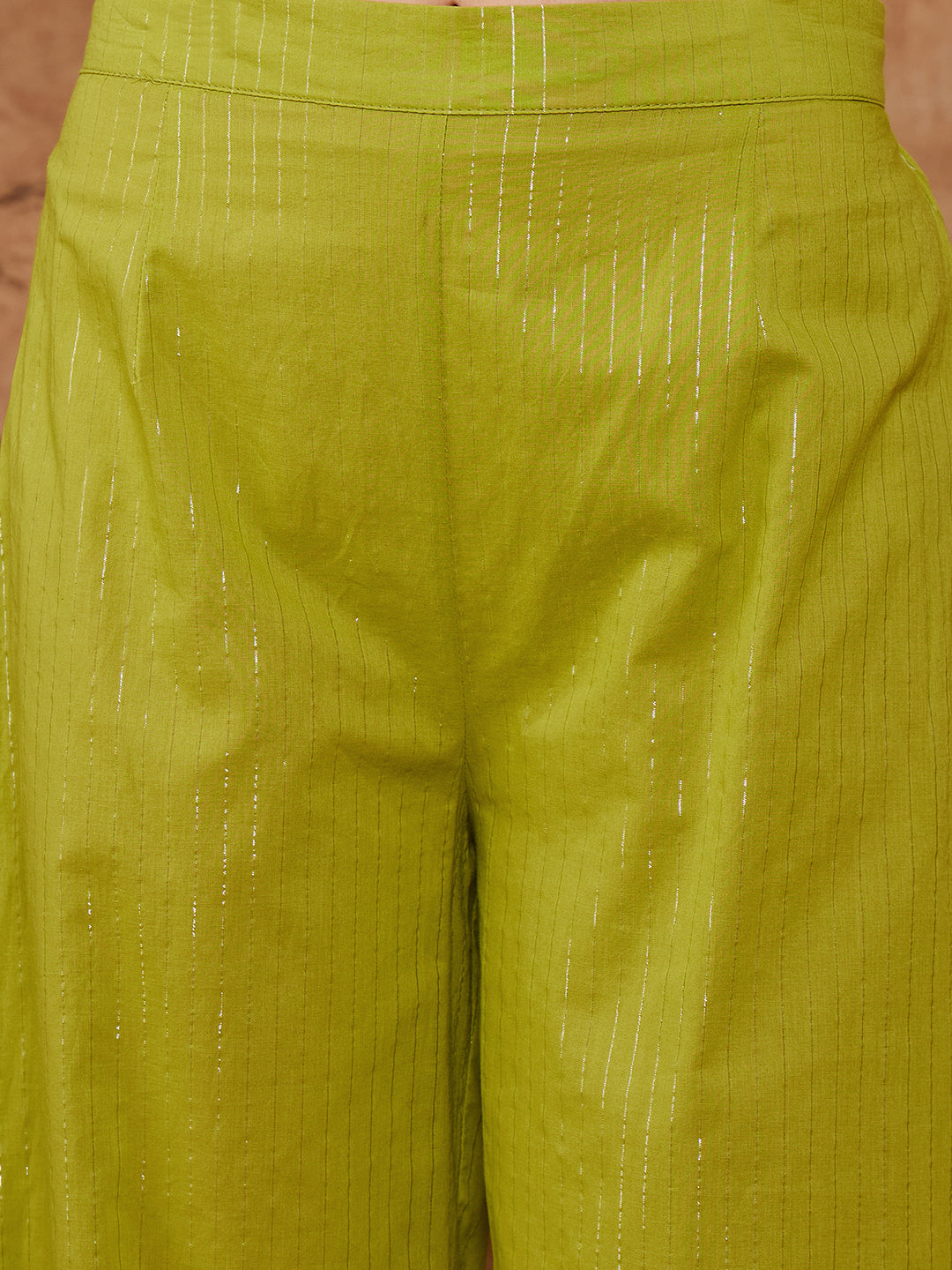 InWeave Women's Lime Green Lurex Neck Patti Halter Kurta Pant Set - Swadesiicart