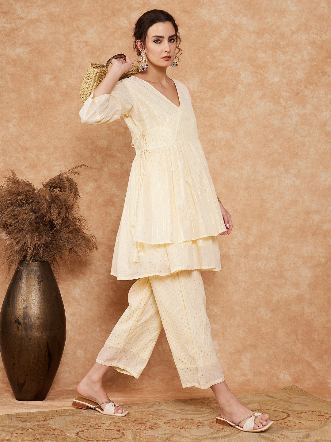 InWeave Women's White Gold Lurex High Low Angrakha Tie Up Kurta Set - Swadesiicart