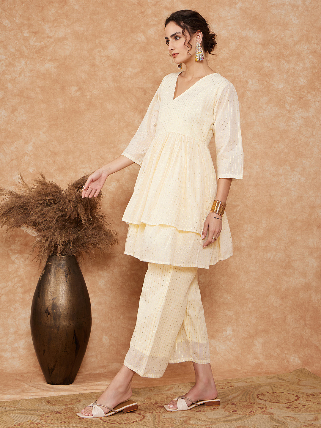 InWeave Women's White Gold Lurex High Low Angrakha Tie Up Kurta Set - Swadesiicart