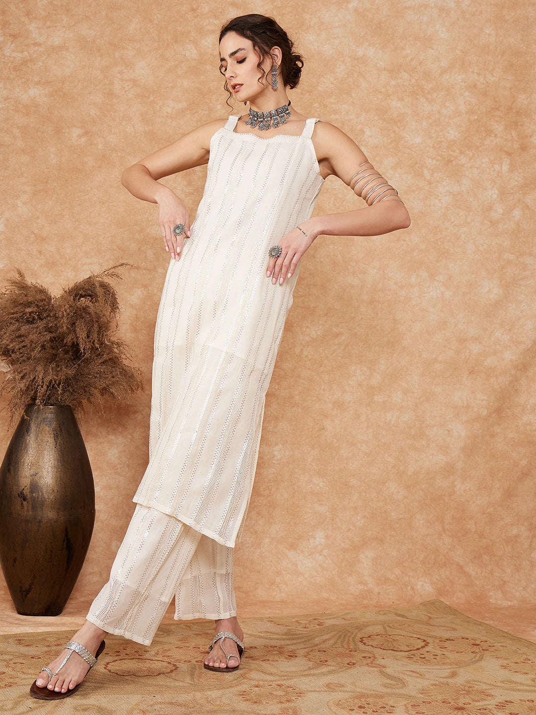 InWeave Women's White Lace Lurex Thick Strapp Straight Kurta Pant Set - Swadesiicart
