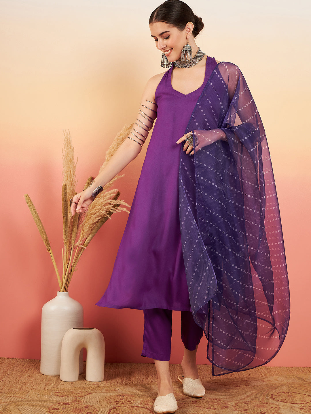 InWeave Women's Violet Neck Patti Halter Kurta Set W Violet Badhani Dupatta - Swadesiicart
