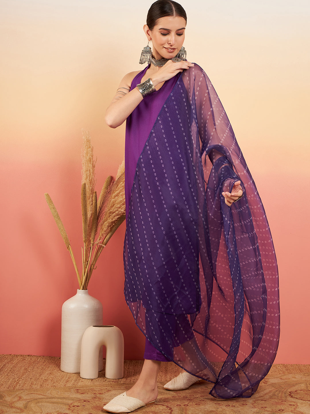 InWeave Women's Violet Neck Patti Halter Kurta Set W Violet Badhani Dupatta - Swadesiicart