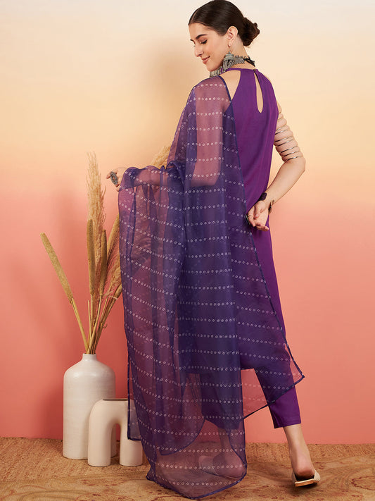 InWeave Women's Violet Neck Patti Halter Kurta Set W Violet Badhani Dupatta - Swadesiicart